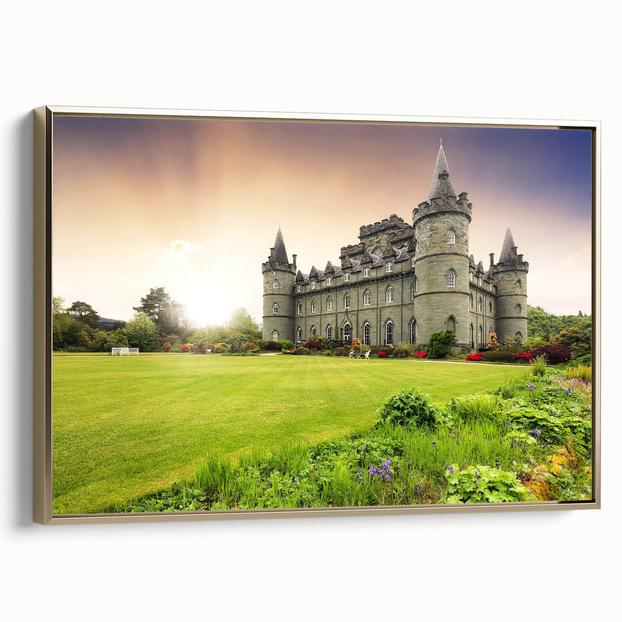 Framed canvas wall art showcasing a stunning landscape of a castle, featuring rich gold accents and intricate details, perfect for enhancing elegant home decor.