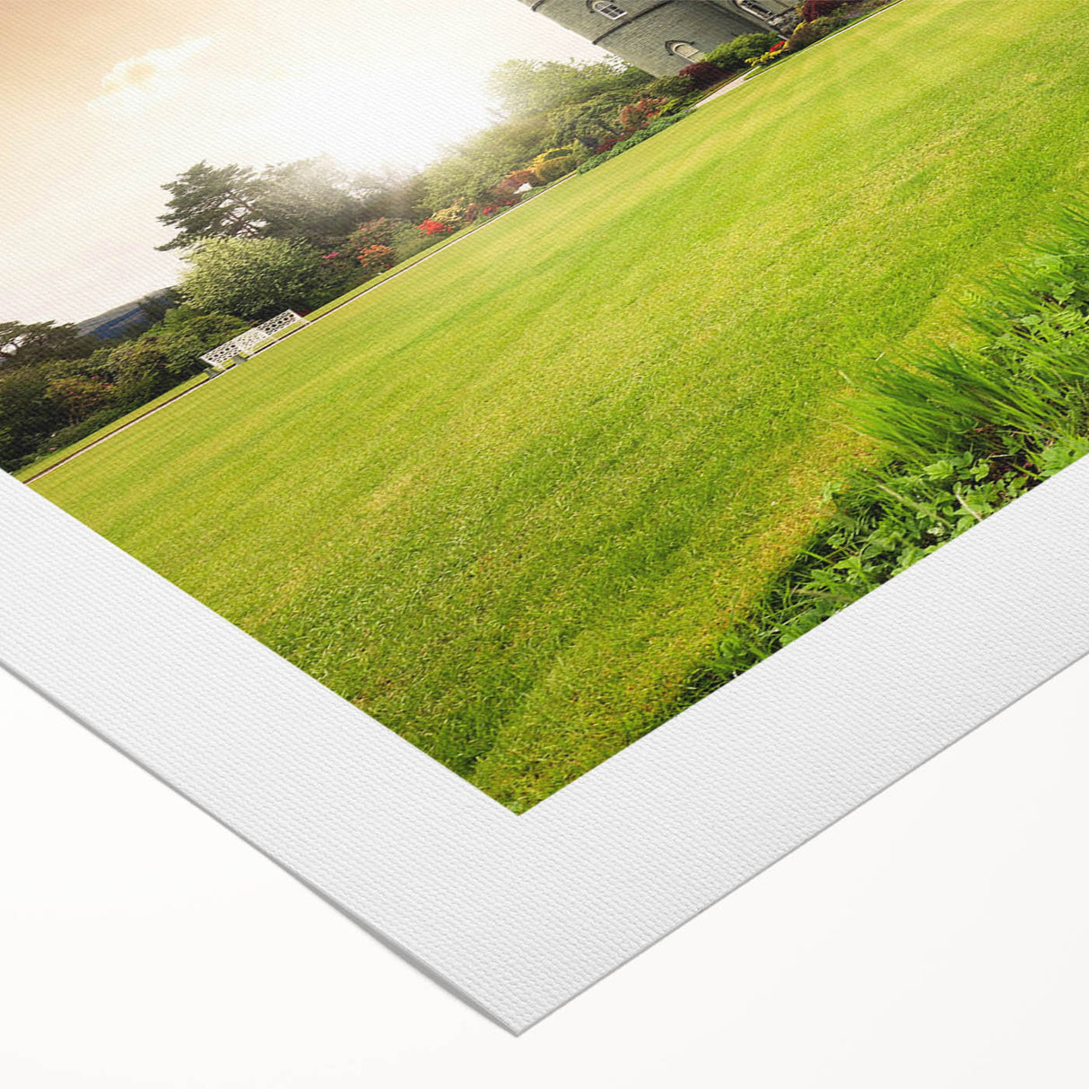 Rolled canvas wall art showcasing a stunning landscape of a medieval castle surrounded by lush greenery, designed for elegant home decor. The artwork emphasizes vibrant colors and intricate details, enhancing any living space's aesthetic appeal.