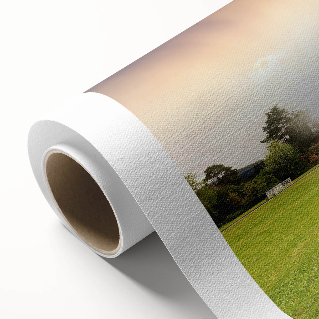 Rolled canvas art print depicting a stunning landscape with a majestic castle, showcasing vibrant colors and intricate details, ideal for home decor.