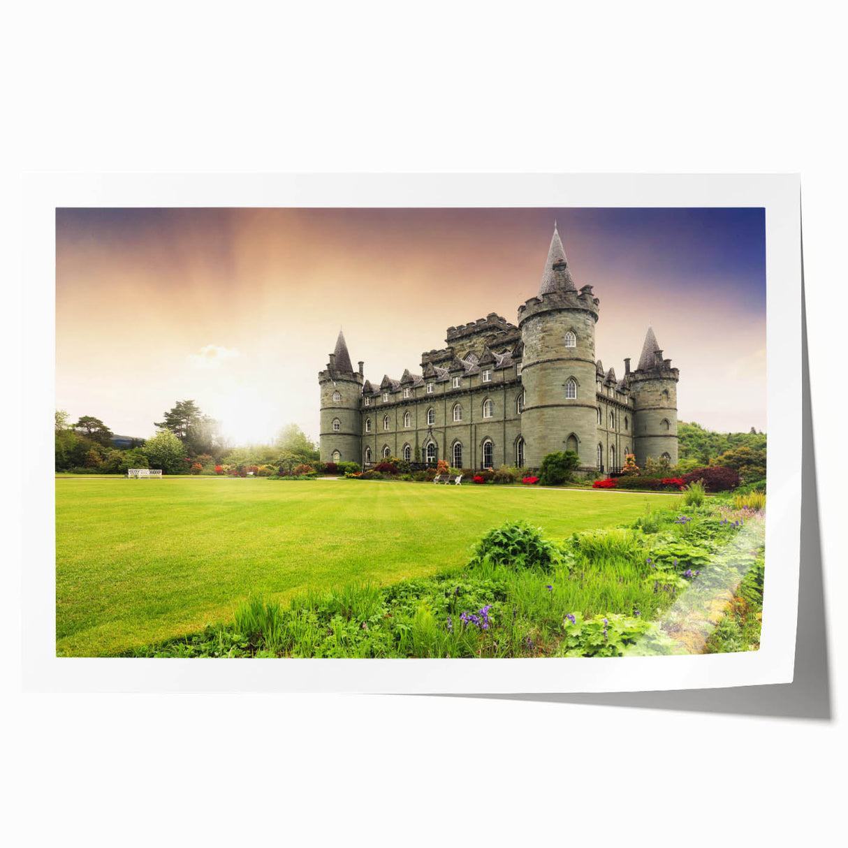 Rolled print featuring a stunning landscape castle design with vibrant colors, perfect for home decor. The artwork showcases intricate details and a serene atmosphere, ideal for enhancing any living space.