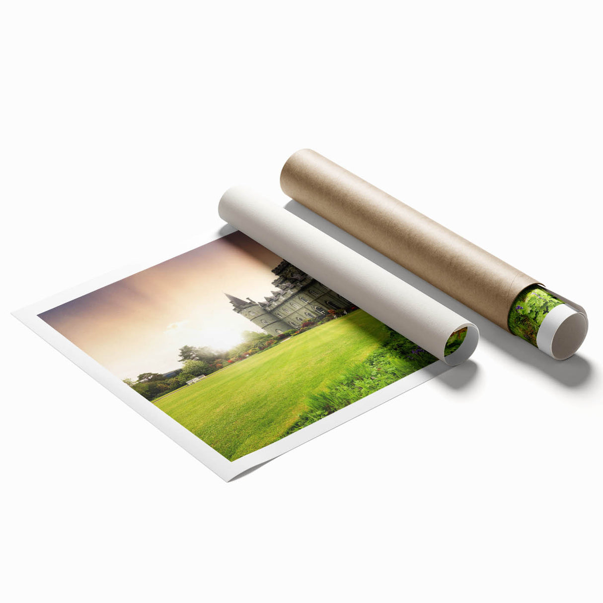 Rolled print showcasing a stunning landscape of a castle surrounded by lush greenery, perfect for home decor. The vibrant colors and intricate details highlight the enchanting scenery, ideal for art enthusiasts.