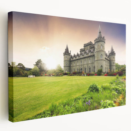Stretched canvas wall art showcasing a vibrant landscape with a majestic castle, framed in a modern design. Ideal for home decor, this piece adds elegance to any space.