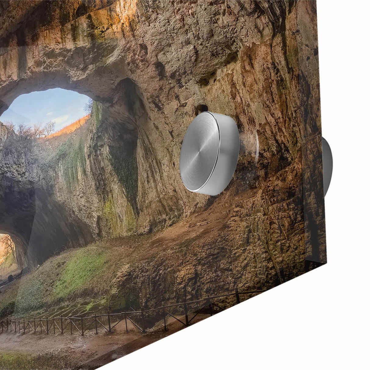 Close-up of a stunning acrylic glass wall art piece showcasing an abstract cave landscape design, featuring rich colors and intricate details, perfect for modern home decor.