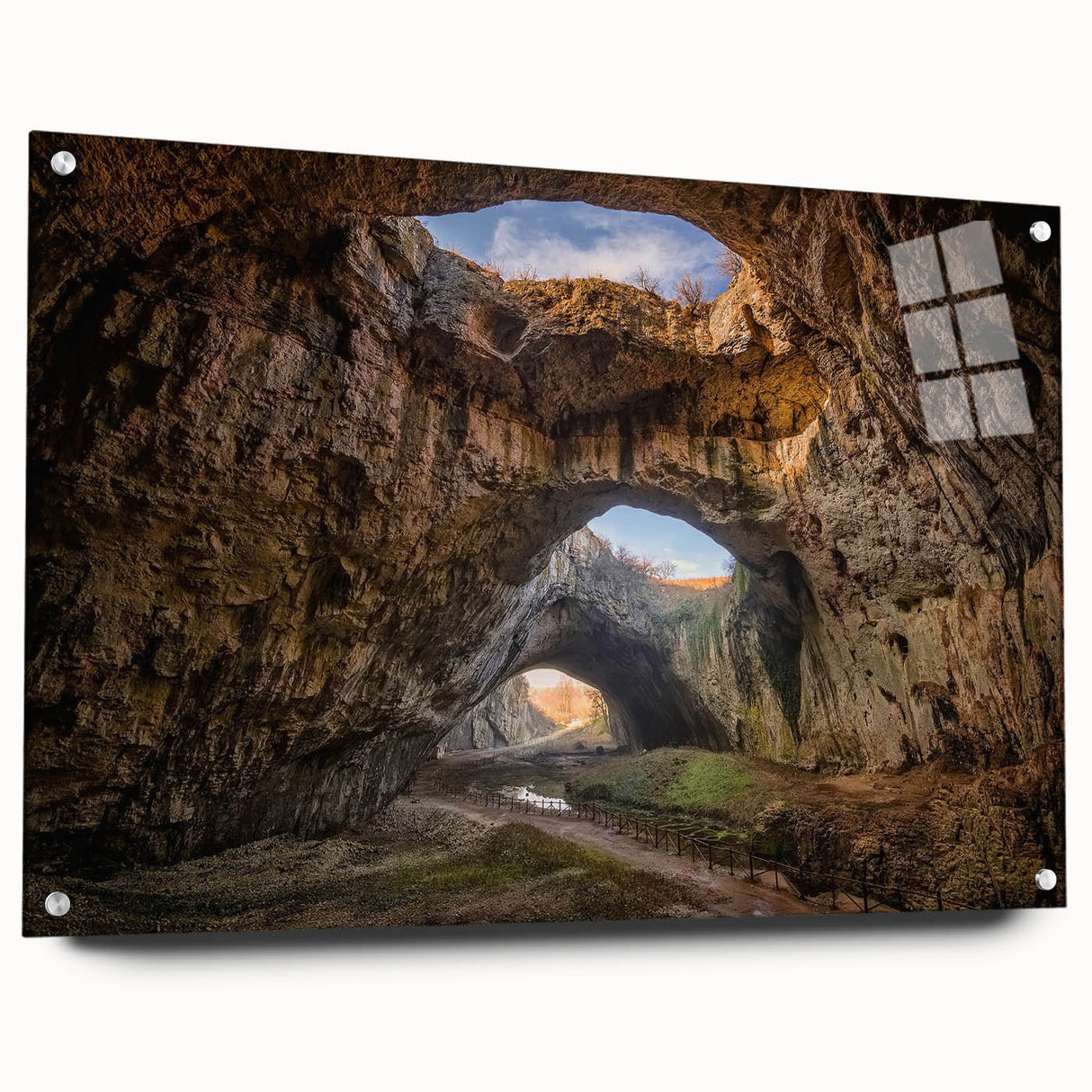 Acrylic glass wall art collection showcasing a stunning side view of landscapes and cave designs, featuring vibrant colors and intricate details, perfect for modern home decor.