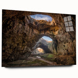 Acrylic glass wall art piece showcasing a vibrant landscape design within a cave setting, elegantly displayed from a side view without pins, perfect for enhancing interior decor.