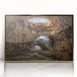 Framed acrylic wall art showcasing a stunning cave landscape design with gold accents, perfect for enhancing modern decor in living spaces or offices.