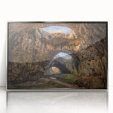 Framed acrylic wall art featuring a contemporary cave landscape design in silver tones, ideal for modern home decor. Perfect for adding elegance to any room.