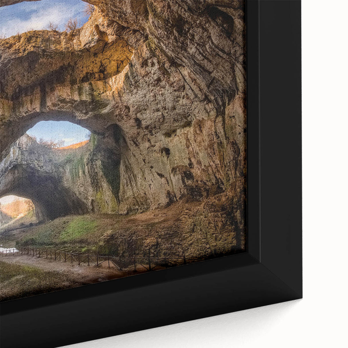 Framed canvas wall art showcasing a vibrant cave landscape design with intricate textures and colors, ideal for home decor and artistic enhancement.