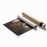 Vibrant rolled wall art print showcasing a stunning abstract landscape design with cave elements, perfect for home decor. The artwork is elegantly packaged in a protective cardboard tube, ensuring it arrives in pristine condition.
