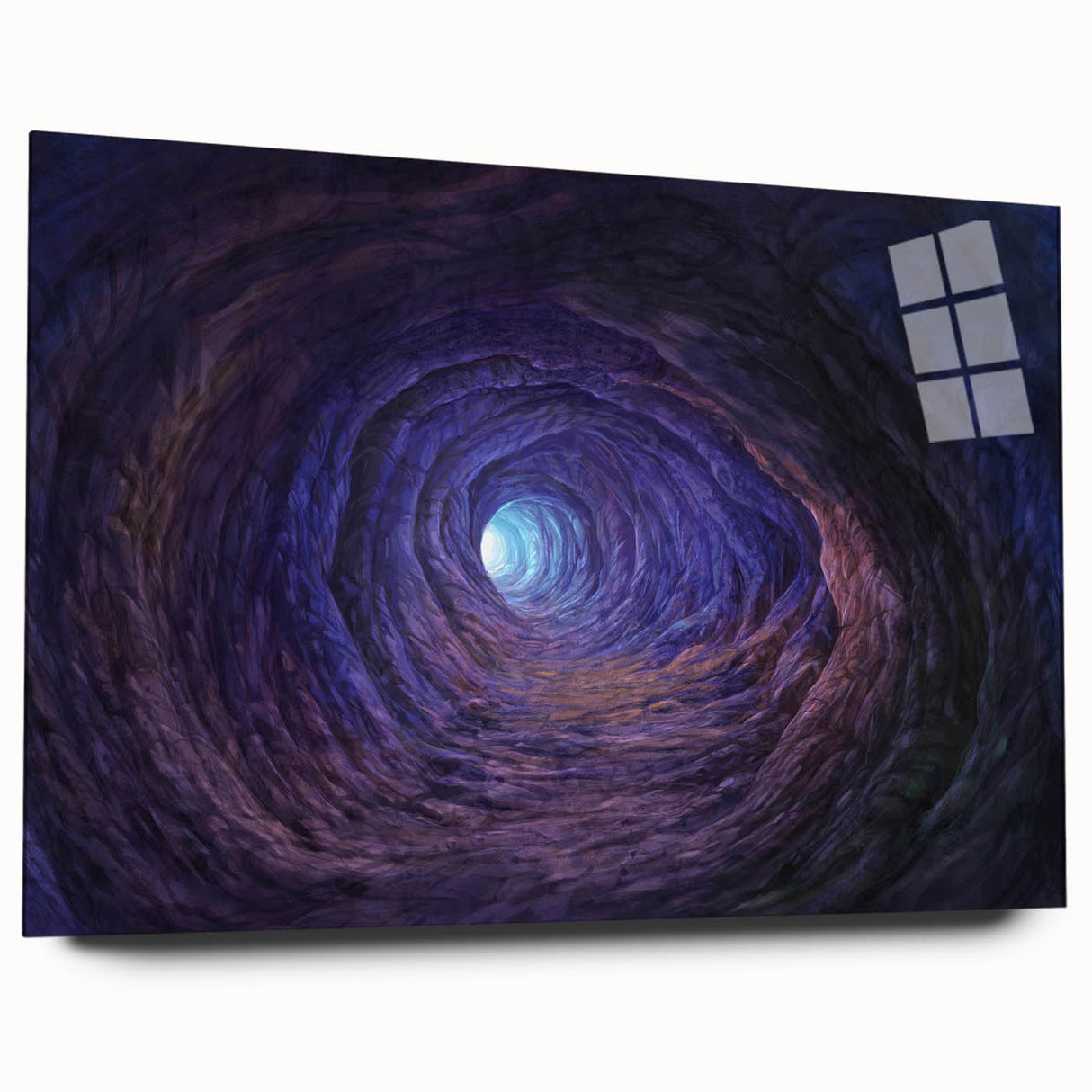 Side view of the acrylic glass wall art collection featuring a stunning cave landscape design, showcasing vibrant colors and intricate details, perfect for enhancing modern decor.