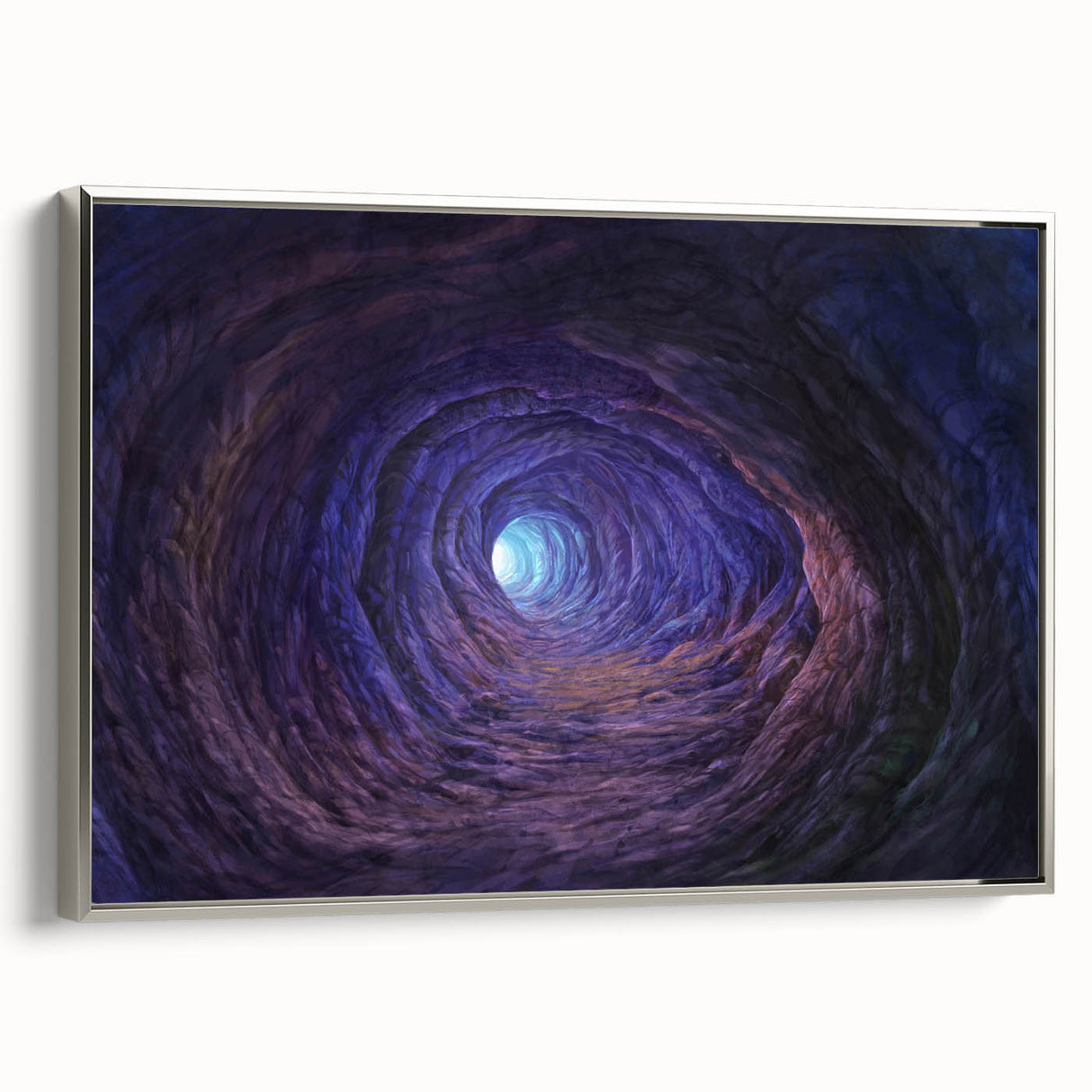 Framed canvas wall art showcasing a stunning landscape of caves, featuring a silver frame and vibrant colors that enhance any room decor, ideal for nature lovers.