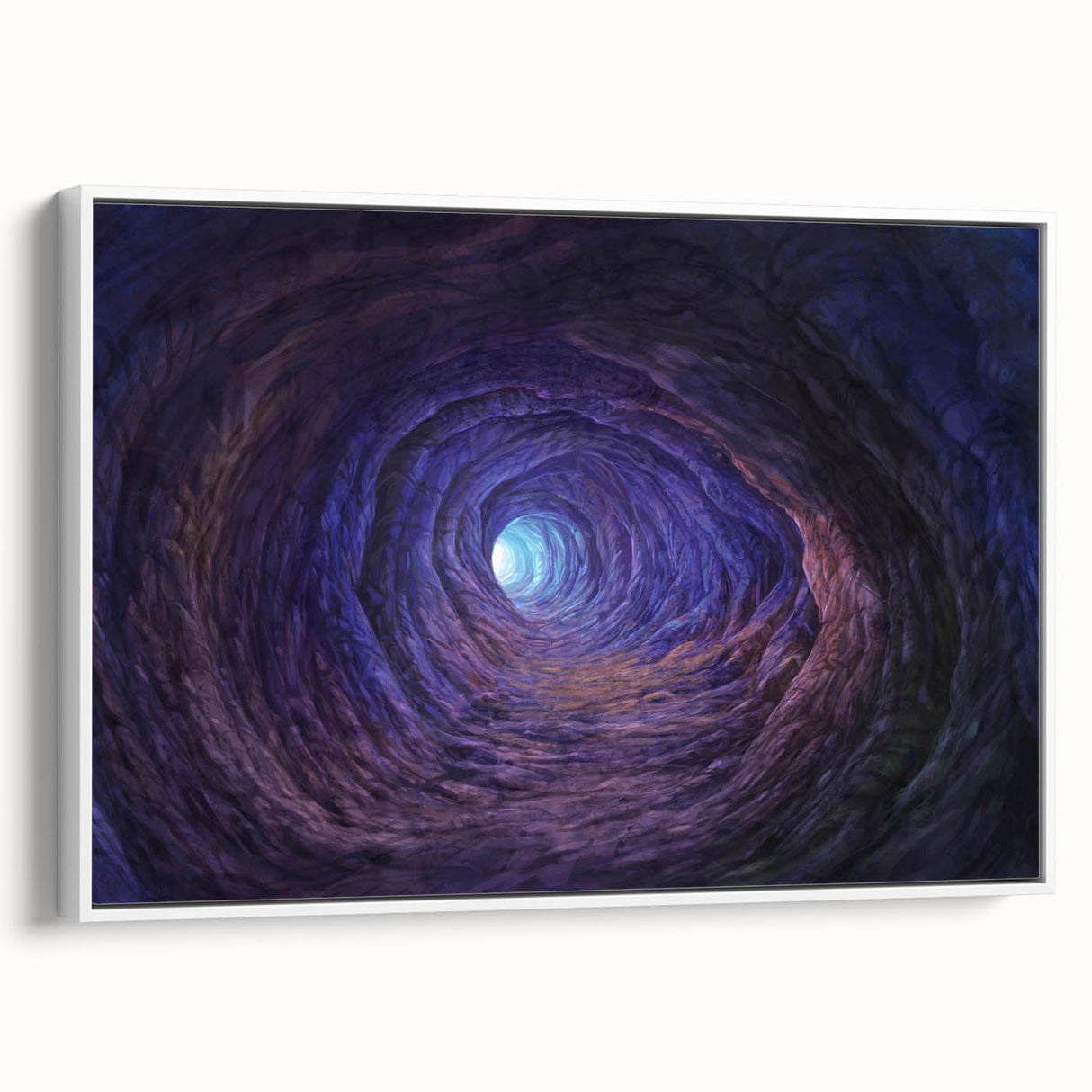 Framed canvas wall art showcasing a stunning landscape design featuring caves, presented in a sleek white frame, perfect for modern home decor.
