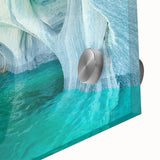 Close-up of a stunning acrylic glass wall art piece featuring an abstract landscape design with vibrant colors, ideal for modern home decor and art enthusiasts. This unique decor item enhances interior spaces with its intricate details and bold aesthetics.