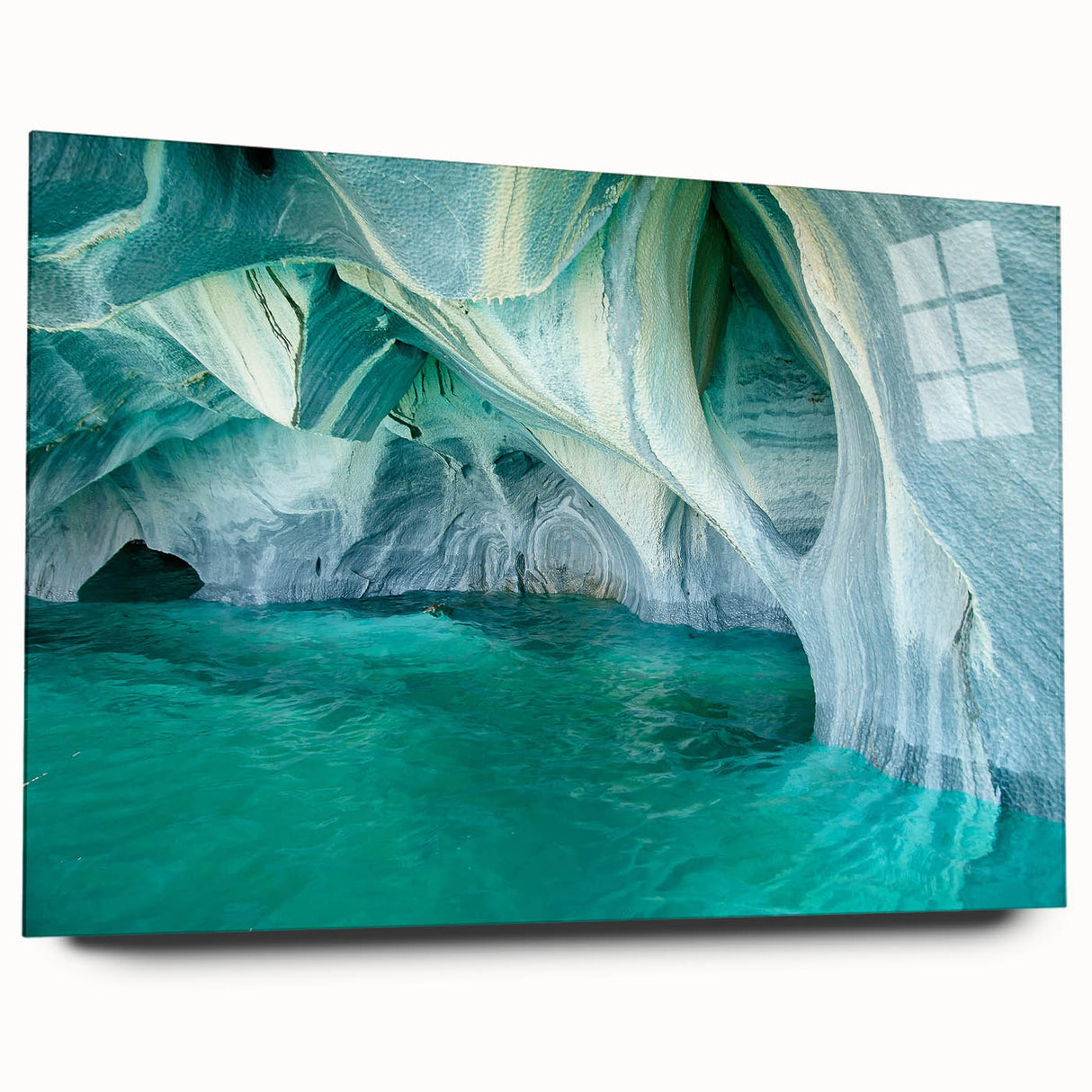 Acrylic glass wall art collection showcasing a stunning landscape design featuring intricate cave formations, displayed from a side view, ideal for modern home decor.