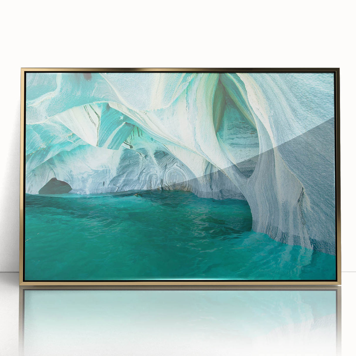 Framed acrylic wall art showcasing a stunning landscape of caves, highlighted with gold accents, perfect for modern home decor; ideal for enhancing living spaces.