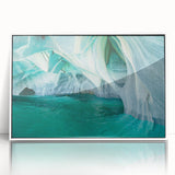 Framed acrylic wall art showcasing a serene landscape of caves, designed with soft earth tones and a white frame, perfect for enhancing modern home decor.