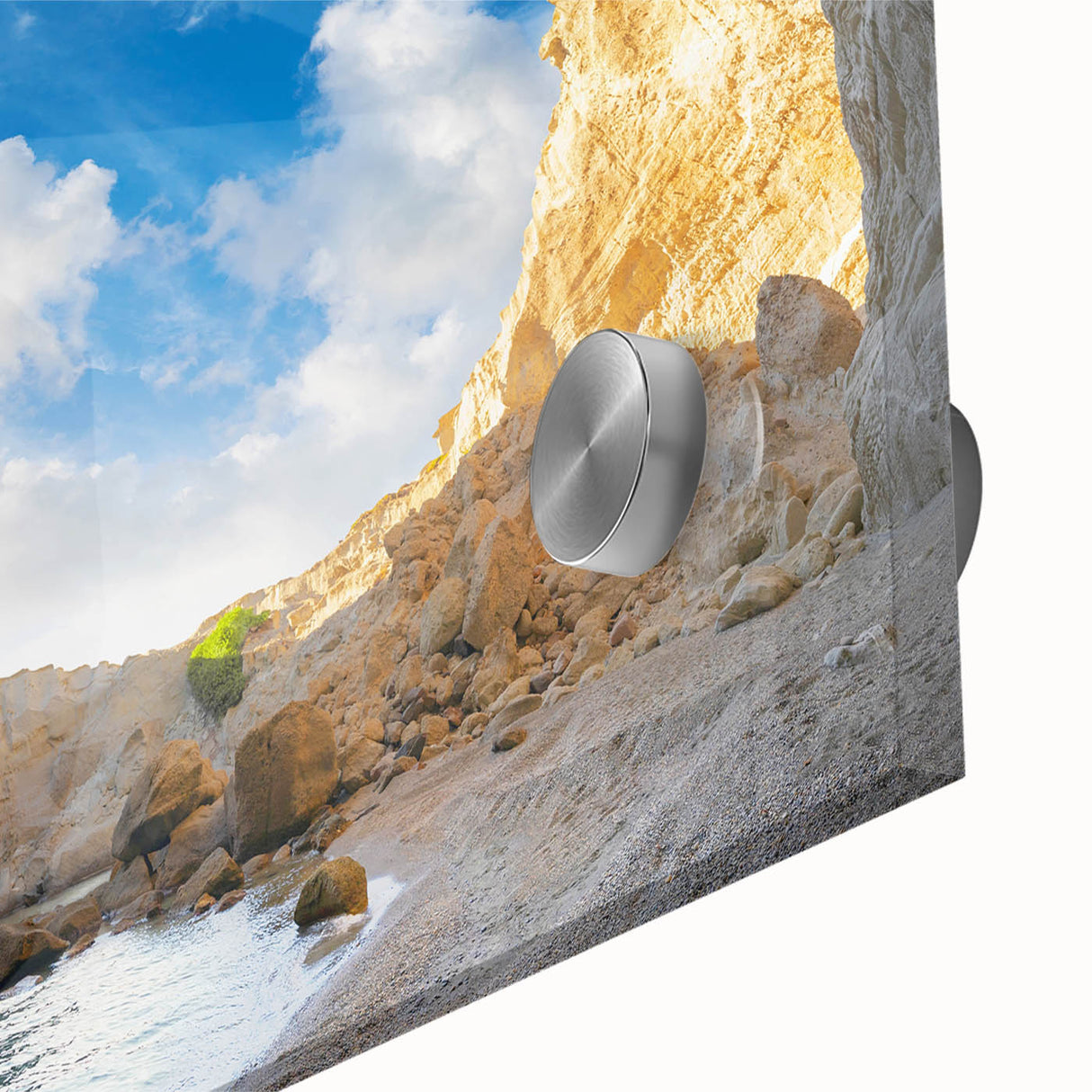 Close-up of a vibrant acrylic glass wall art design showcasing an abstract cave landscape, featuring rich colors and intricate textures ideal for modern decor.