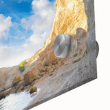 Close-up of a vibrant acrylic glass wall art design showcasing an abstract cave landscape, featuring rich colors and intricate textures ideal for modern decor.