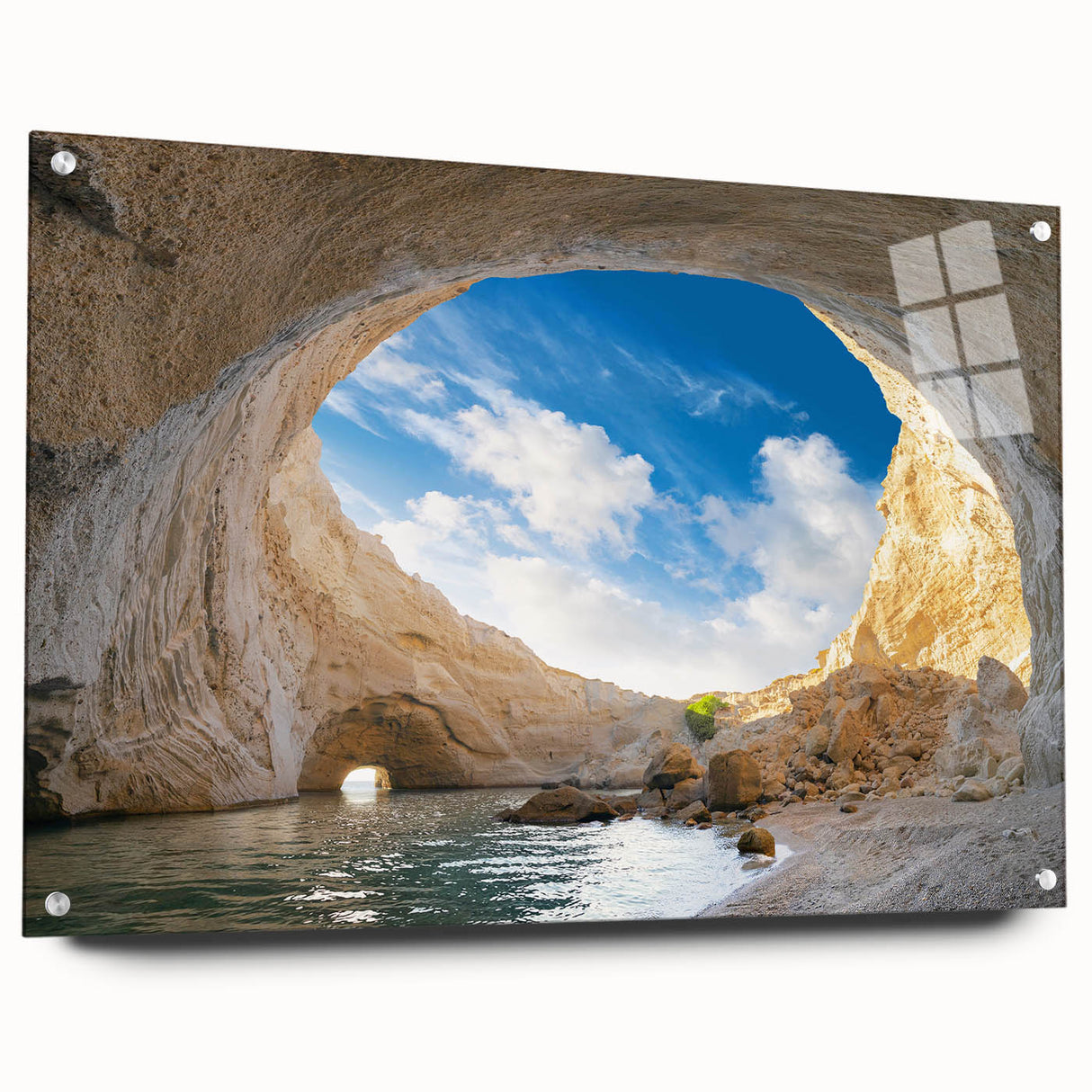 Acrylic landscape wall art design showcasing intricate cave formations in vibrant colors, presented in a sleek side view with decorative pins for modern decor.