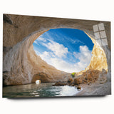 Acrylic glass wall art showcasing a vibrant landscape design featuring intricate cave formations, viewed from the side with a sleek, modern aesthetic. Ideal for enhancing contemporary home decor.