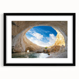 Framed black wall art featuring a serene cave landscape design with a white mat, perfect for modern home decor and enhancing living spaces.
