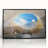 Framed acrylic wall art featuring a stunning cave landscape design in vibrant colors, set against a sleek black frame, perfect for modern decor.