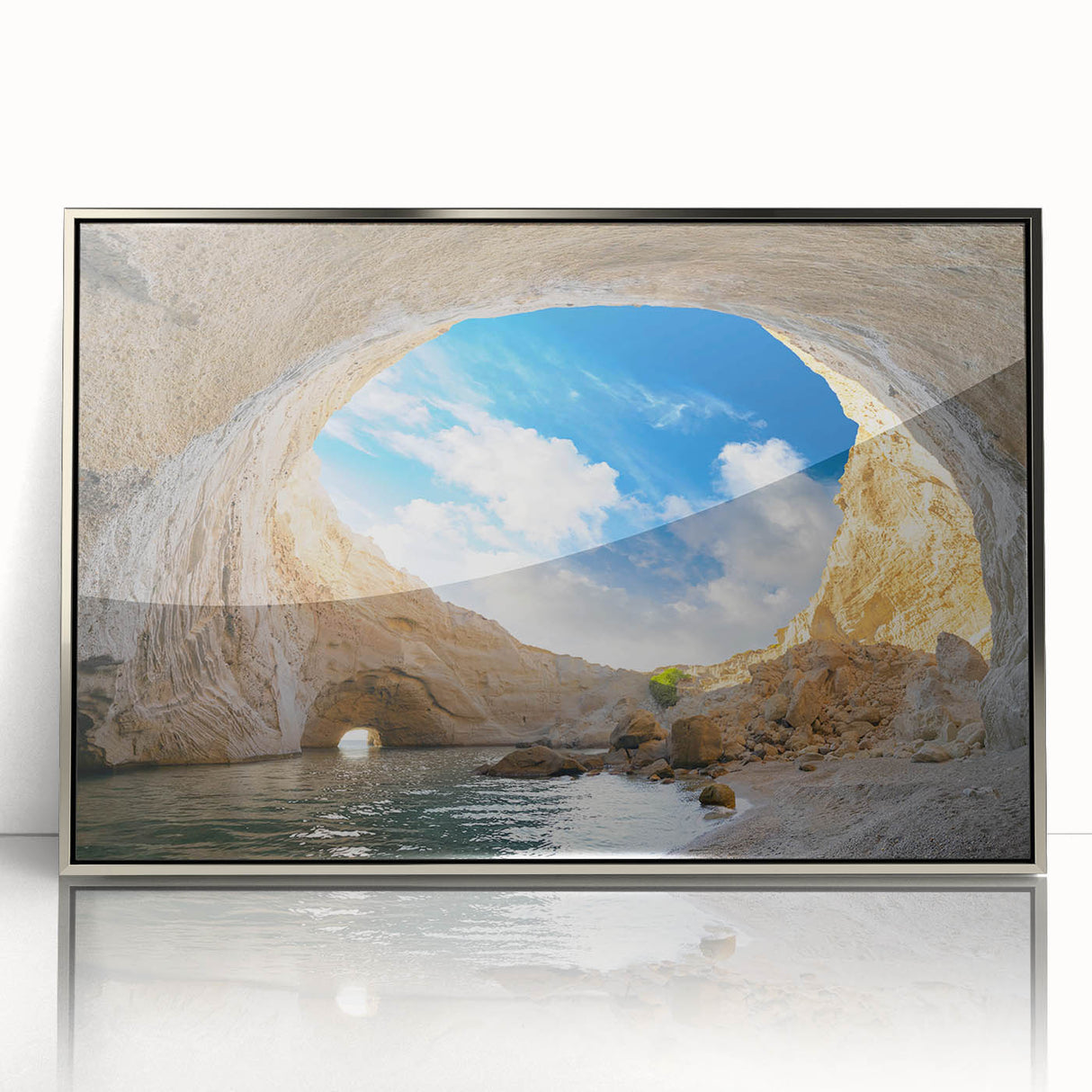 Framed wall art featuring a stunning landscape design with cave elements, encased in an elegant silver frame, perfect for modern home decor.