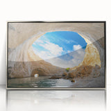 Framed wall art featuring a stunning landscape design with cave elements, encased in an elegant silver frame, perfect for modern home decor.