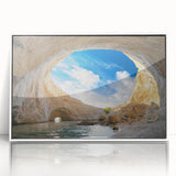 Framed acrylic wall art featuring an abstract cave landscape design, showcasing vibrant colors and intricate details, perfect for modern home decor.