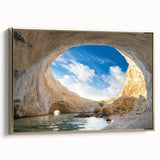 Framed canvas wall art showcasing a stunning landscape with cave designs in rich gold hues, perfect for modern decor. Ideal for enhancing living spaces.