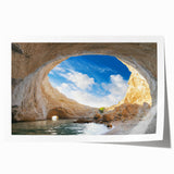 Abstract wall art print showcasing vibrant landscapes and cave designs, rolled and packaged in a protective tube, ideal for home decor and artistic ambiance.