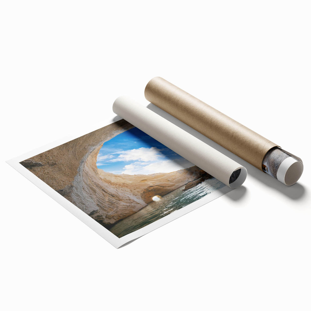 Abstract landscape print showcasing vibrant cave designs in earthy tones, rolled for easy shipping and display, ideal for modern home decor.