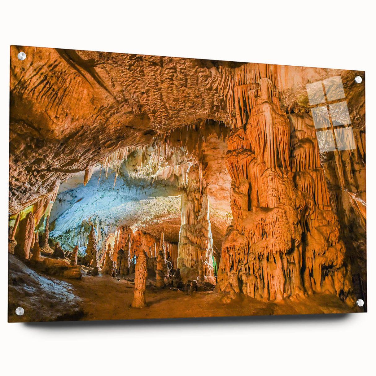 Acrylic glass wall art collection showcasing a stunning side view of a cave landscape design, featuring vibrant colors and intricate details, mounted with stylish pins for display.