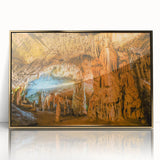Framed acrylic wall art displaying a stunning cave landscape design with gold accents, perfect for modern home decor. Ideal as a focal point in living rooms or offices.