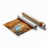 Rolled print of a stunning cave landscape wall art design, showcasing earthy tones and intricate details, elegantly packaged in a protective cardboard tube for easy display.