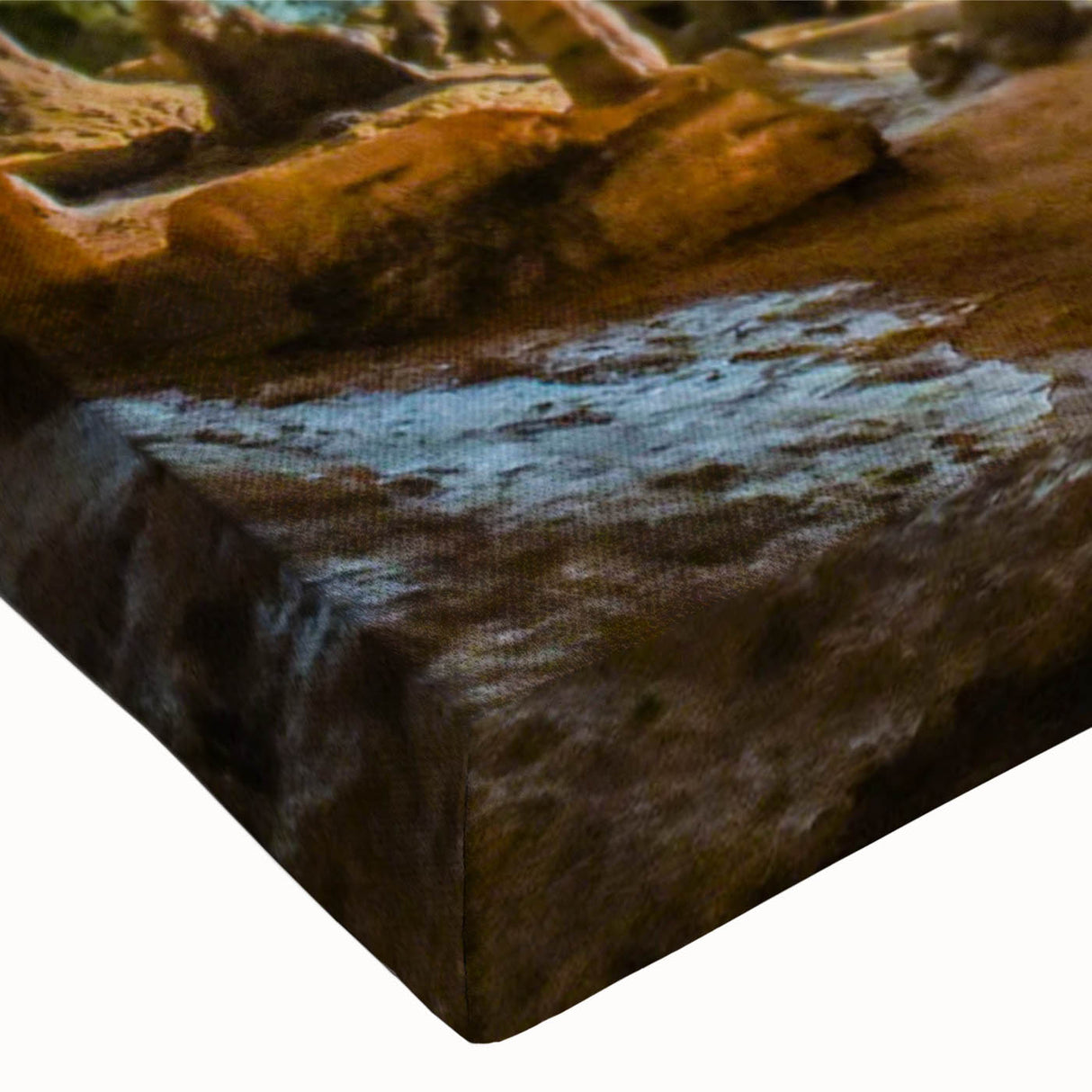 Close-up of a stretched canvas showcasing a vibrant landscape cave design, featuring rich colors and intricate details, perfect for modern home decor.