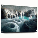 Acrylic glass wall art collection showcasing a stunning landscape design featuring intricate cave formations, displayed in a side view with elegant pin mounts for easy installation.
