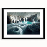 Framed black wall art showcasing a stunning landscape design with cave elements, featuring a sleek mat for an elegant presentation, perfect for home decor.