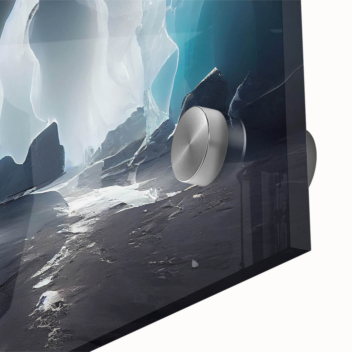 Close-up of a vibrant acrylic glass wall art piece showcasing a stunning landscape and cave design, perfect for modern home decor and interior styling.
