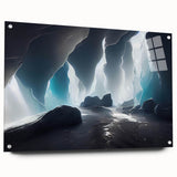 Acrylic glass wall art showcasing a stunning landscape with cave designs, displayed from a side view with decorative pins, ideal for modern home decor.