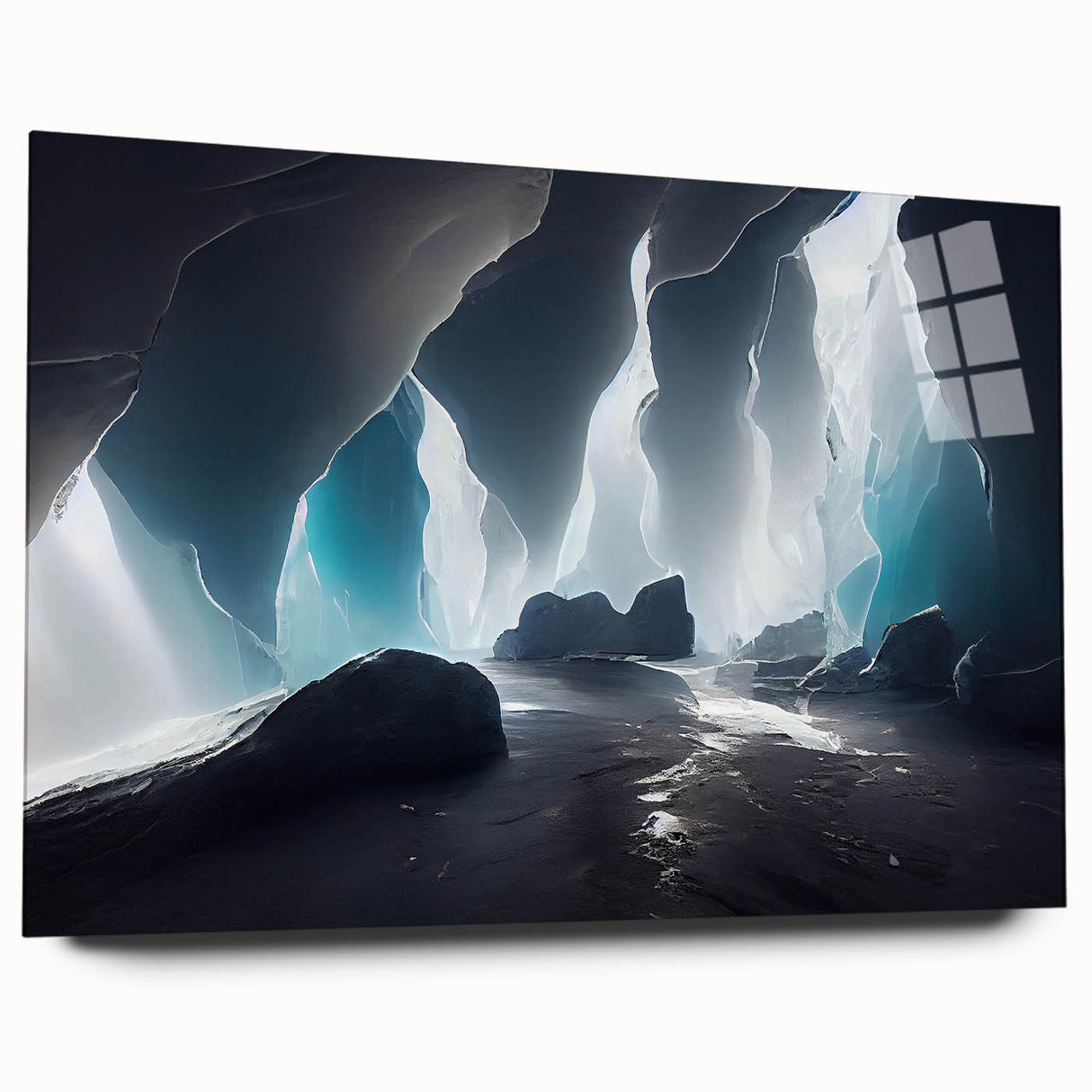 Acrylic glass wall art collection featuring a vibrant landscape and cave design, displayed from a side view, showcasing its sleek edges and colorful details. Ideal for modern decor.