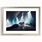 Framed silver wall art showcasing a stunning cave landscape design, highlighting intricate details and vibrant colors, perfect for modern home decor accents.