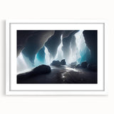 Framed wall art featuring a stunning landscape design with cave formations, set in a sleek white mat and frame. Ideal for modern home decor and art enthusiasts.