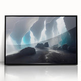 Framed wall art featuring a stunning landscape of caves with intricate designs, presented in a sleek black frame, ideal for modern home decor.