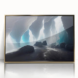 Framed wall art featuring a striking landscape design with intricate cave formations in shades of gold and earth tones, perfect for modern home decor.