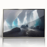 Framed acrylic wall art featuring a stunning cave landscape design with silver accents, showcasing intricate details and vibrant colors, perfect for modern decor.