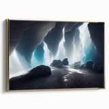 Framed canvas wall art featuring a stunning landscape design with intricate cave details, highlighted by a gold frame, ideal for enhancing modern decor.