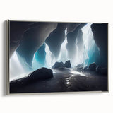 Framed wall art showcasing a stunning landscape design with intricate cave motifs, highlighted by a silver frame, ideal for enhancing modern home decor.