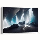 Framed landscape wall art featuring a serene cave design in muted earth tones, displayed against a white backdrop, perfect for enhancing modern home decor.