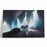 Stretched canvas wall art showcasing a vibrant landscape of colorful caves, leaning against a neutral wall, perfect for modern home decor and interior design.